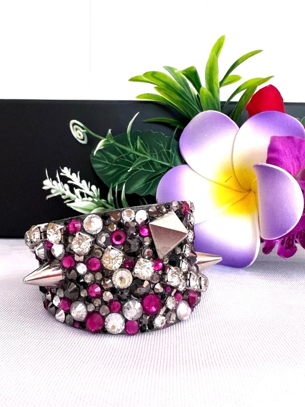 CUFF BRACELET ~ Studded Pink Silver Gray and Black Cuff w/Swarovski Crystals